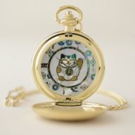Maneki Neko Lucky cat on  pearl and abalone Pocket Watch