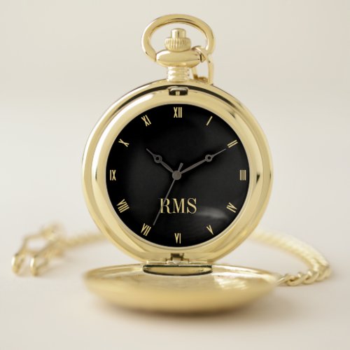 Modern Custom Monogrammed Classic Roman Black Gold Pocket Watch