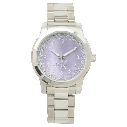 Purple Brushed Metal Silver Glitter Monogram Name Watch