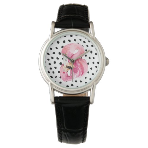 Modern Exotic Pink Watercolor Flamingo &amp; Dots Watch