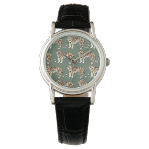 Modern Tropical Watercolor Tigers Wild Pattern Watch
