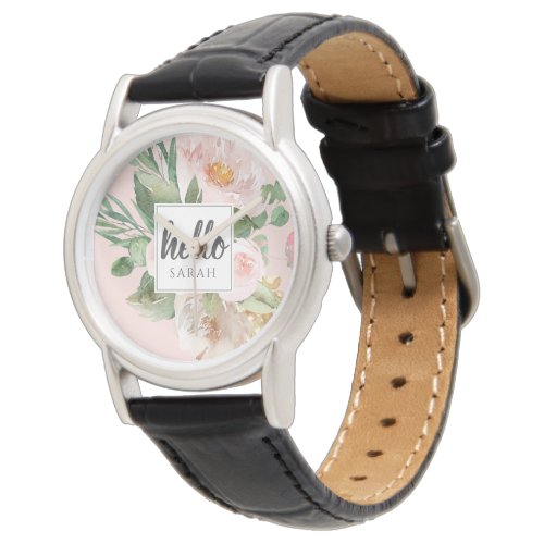 Modern Watercolor Pink Flowers &amp; Hello &amp; Name Watch
