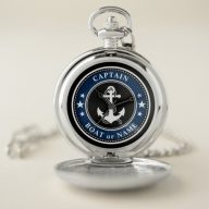Nautical Anchor &amp; Rope Your Captain Boat Name Navy Pocket Watch