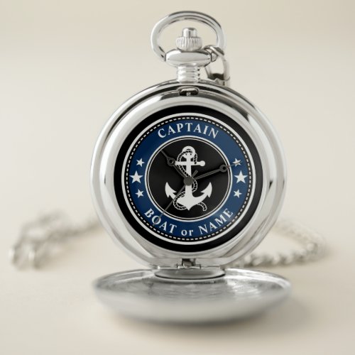 Nautical Anchor &amp; Rope Your Captain Boat Name Navy Pocket Watch