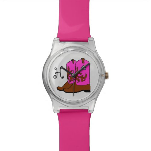 Pink Cowgirl Boots Monogram Initial Kid's Watch