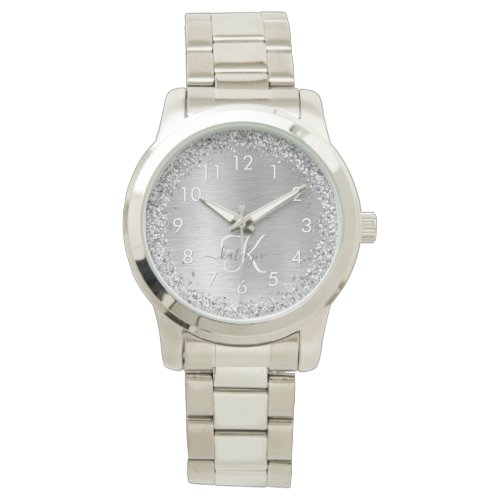 Silver Brushed Metal Glitter Monogram Name Watch