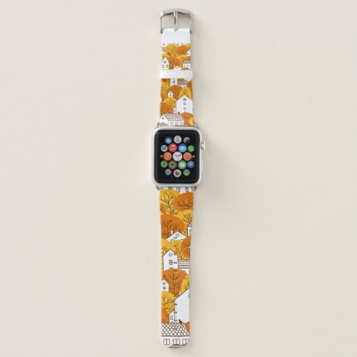 Trees and houses seamless pattern. Autumn, fall ci Apple Watch Band