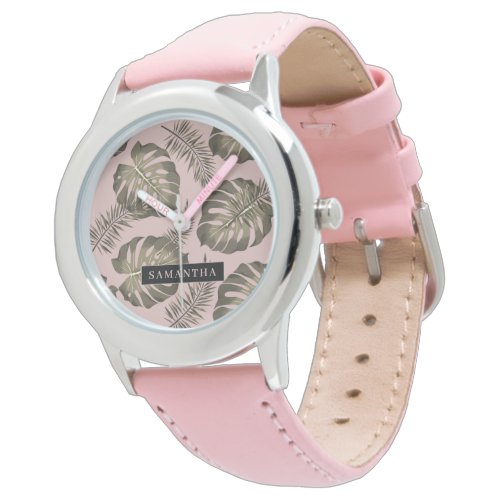 Tropical Pink &amp; Gold Palm Leaves Pattern &amp; Name  Watch
