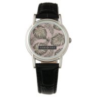 Tropical Pink &amp; Gold Palm Leaves Pattern &amp; Name   Watch