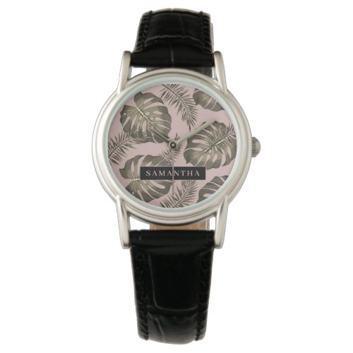 Tropical Pink &amp; Gold Palm Leaves Pattern &amp; Name   Watch