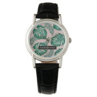 Tropical Pink &amp; Green Palm Leaves Pattern &amp; Name Watch
