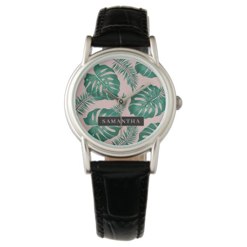 Tropical Pink &amp; Green Palm Leaves Pattern &amp; Name Watch