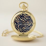 Elegant Gold Glitter Zebra Nay-Blue Animal Print Pocket Watch