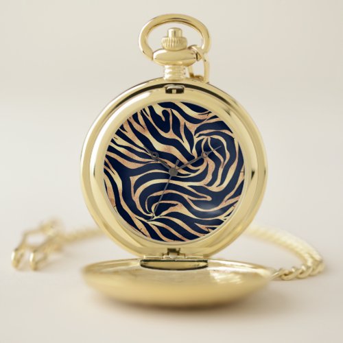Elegant Gold Glitter Zebra Nay-Blue Animal Print Pocket Watch