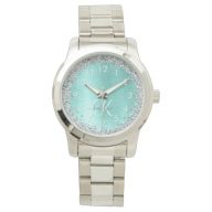 Teal Brushed Metal Silver Glitter Monogram Name Watch