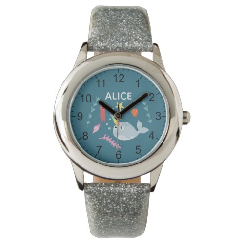 Girls Cute Modern Rainbow Narwhal and Name Kids Watch