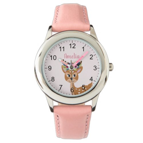 Girls Cute Pink Floral Deer &amp; Flowers Kids Watch