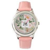 Modern Watercolor Pink Flowers Monogrammed  Watch