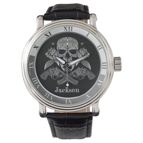 Black &amp; White Skull and Guns Wristwatch