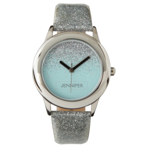 Teal Aqua Blue Silver Glitter Girly Monogram Name Watch