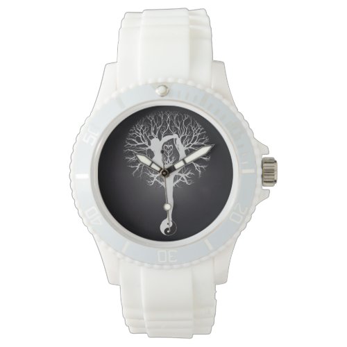 Black and white yoga tree with woman and yin yang. wrist watch