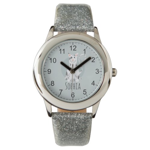 Girls Cute Black and White Cat Cartoon &amp; Name Kids Watch