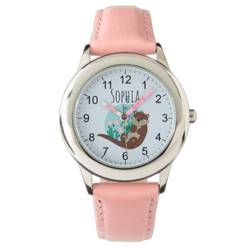 Girls Cute Otter Cartoon Flowers and Name Kids Watch