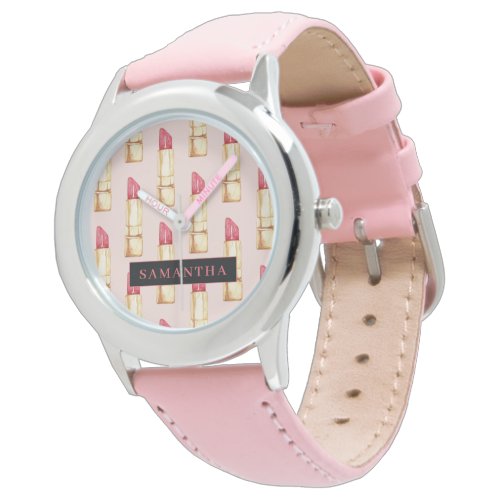 Modern Pink &amp; Red Lipstick Pattern Girly With Name Watch