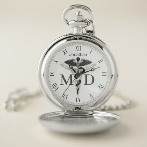 Black White Caduceus Name Medical Doctor MD Pocket Watch