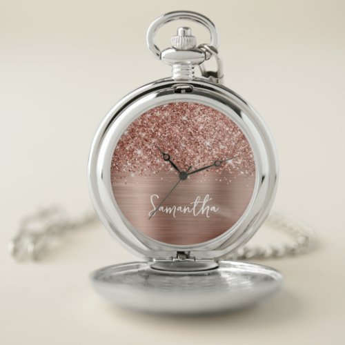 Glittery Rose Gold Glam White Script Name Pocket Watch