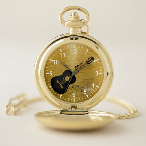 Custom Name Acoustic Guitar Luxury Brushed Gold Pocket Watch
