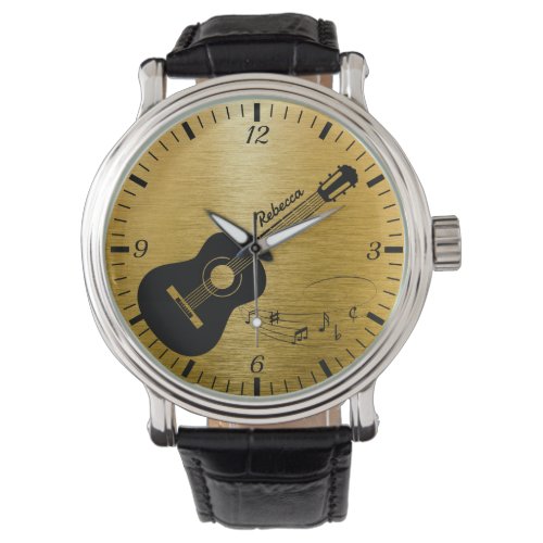 Custom Name Acoustic Guitar Luxury Brushed Gold  Watch