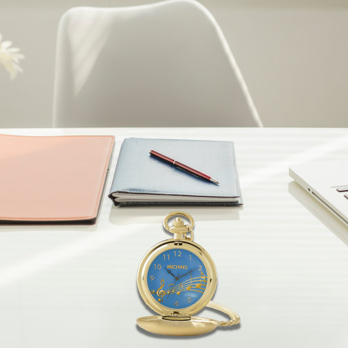 Faux gold music notes ocean blue name numbers pocket watch