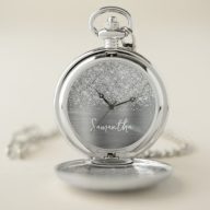 Glittery Silver Glam White Script Name Pocket Watch