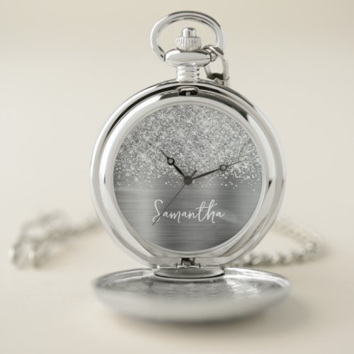 Glittery Silver Glam White Script Name Pocket Watch