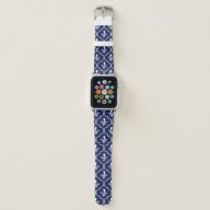 White Fleur-de-Lis Quatrefoil Pattern on Dark Blue Apple Watch Band