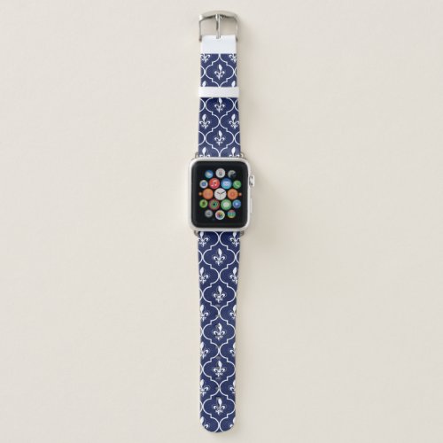 White Fleur-de-Lis Quatrefoil Pattern on Dark Blue Apple Watch Band