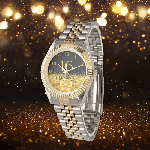 16th birthday black gold name elegant bow watch