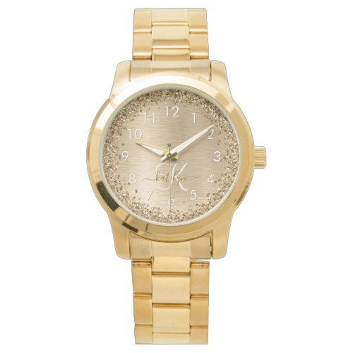 Faux Gold Brushed Metal Glitter Print Monogram Nam Watch