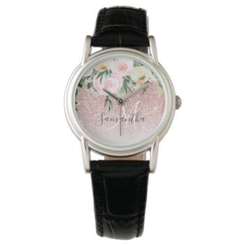 Modern Pink Glitter &amp; Flowers Sparkle With Name Watch