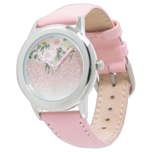Modern Pink Glitter &amp; Pastel Flowers Sparkle Gift Watch