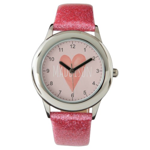 Girls Cute and Girly Watercolor Pink Heart Kids Watch