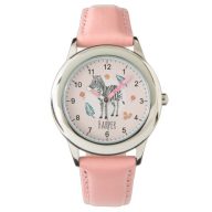 Girls Pink Watercolor Safari Zebra and Name Kids Watch
