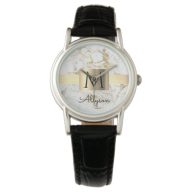 White &amp; Gold Marble Gold Box, Black Name Monogram Watch