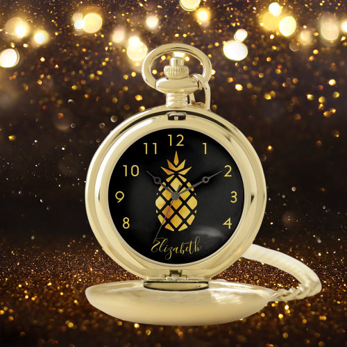 Black gold pineapple name script pocket watch