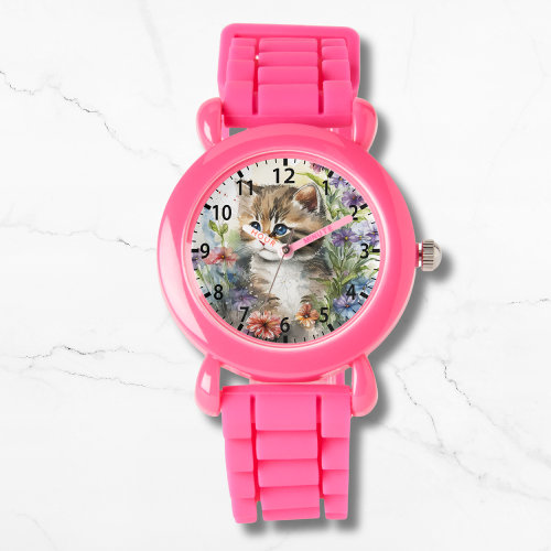 Cute Watercolor Cat Pretty Flowers Girly Watch