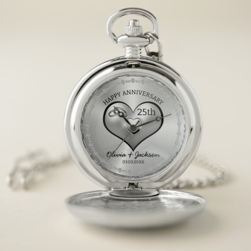 Silver Diamonds and Heart Wedding Anniversary Pocket Watch