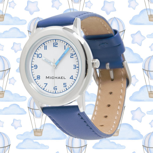 Custom Boy Name Steel Blue Leather Strap Kids Watch