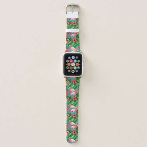 Flamingo birds and tropical garden watercolor apple watch band