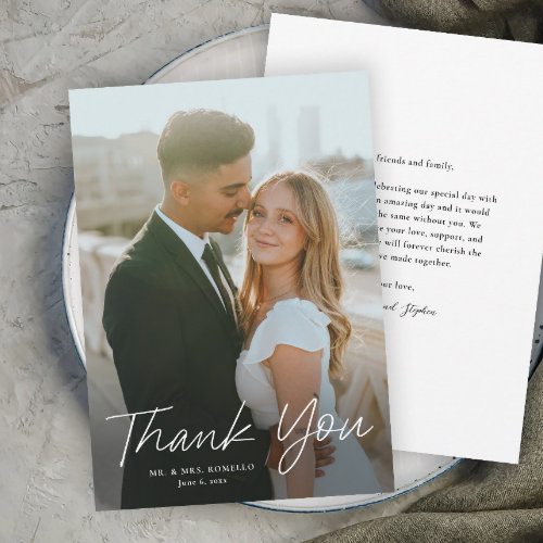 Modern Script Simple Photo Wedding Thank You Card